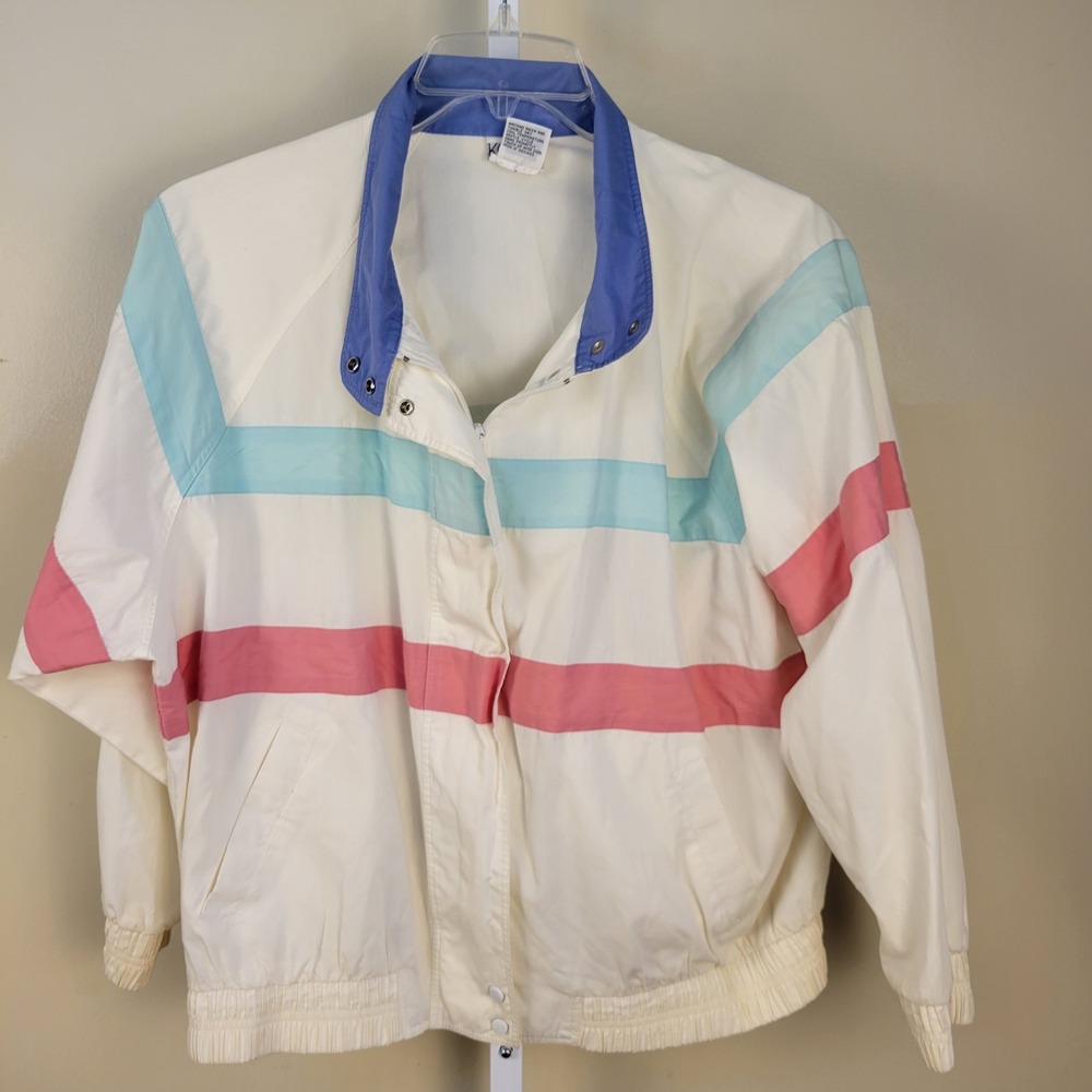 Koret Francisca Vintage 80s Colorblock Windbreaker Jacket White Pink Blue Size M